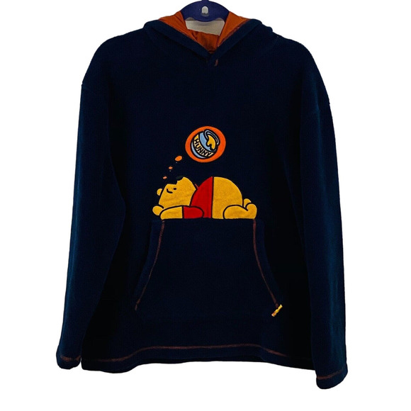 Womens L Disney Winnie the Pooh Navy Fleece Sweatshirt Pullover Hooded Hunny Pot - Picture 1 of 5